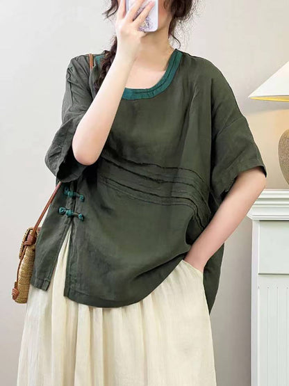 Women Summer Vintage Solid Spliced Ramie Shirt IO1005 Ada Fashion