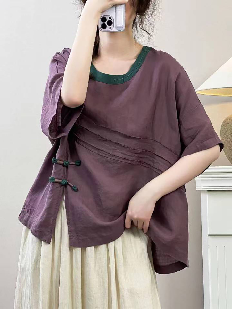 Women Summer Vintage Solid Spliced Ramie Shirt IO1005 Ada Fashion