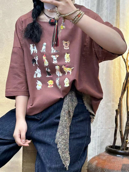 Women Summer Casual Cute Dogs Print Cotton Shirt IO1004 Ada Fashion