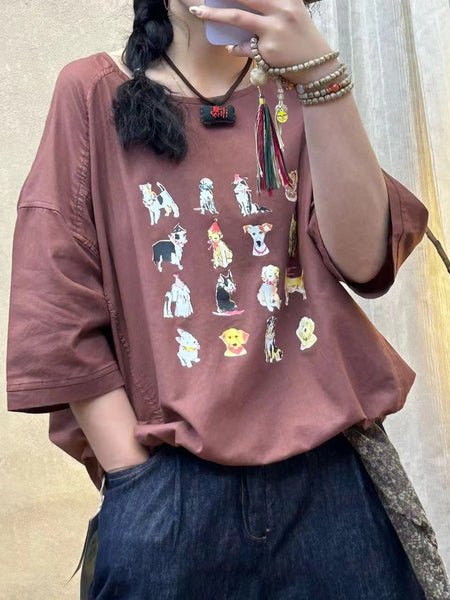 Women Summer Casual Cute Dogs Print Cotton Shirt IO1004 Ada Fashion