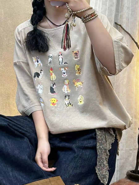 Women Summer Casual Cute Dogs Print Cotton Shirt IO1004 Ada Fashion