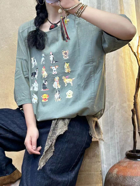 Women Summer Casual Cute Dogs Print Cotton Shirt IO1004 Ada Fashion