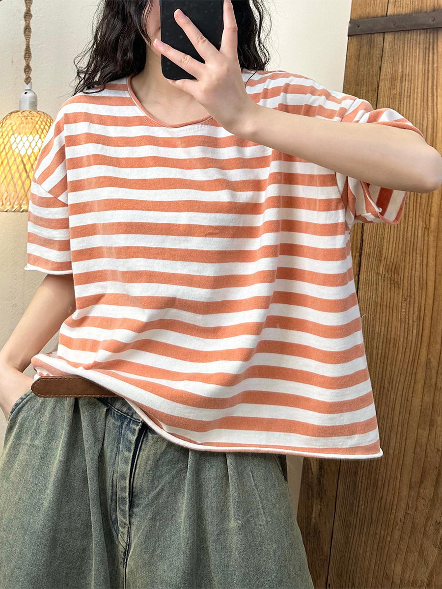 Women Summer Casual Stripe Cotton Pullover Shirt IO1003 Ada Fashion