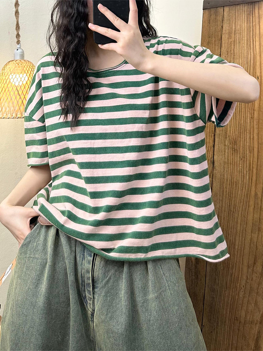 Women Summer Casual Stripe Cotton Pullover Shirt IO1003 Ada Fashion