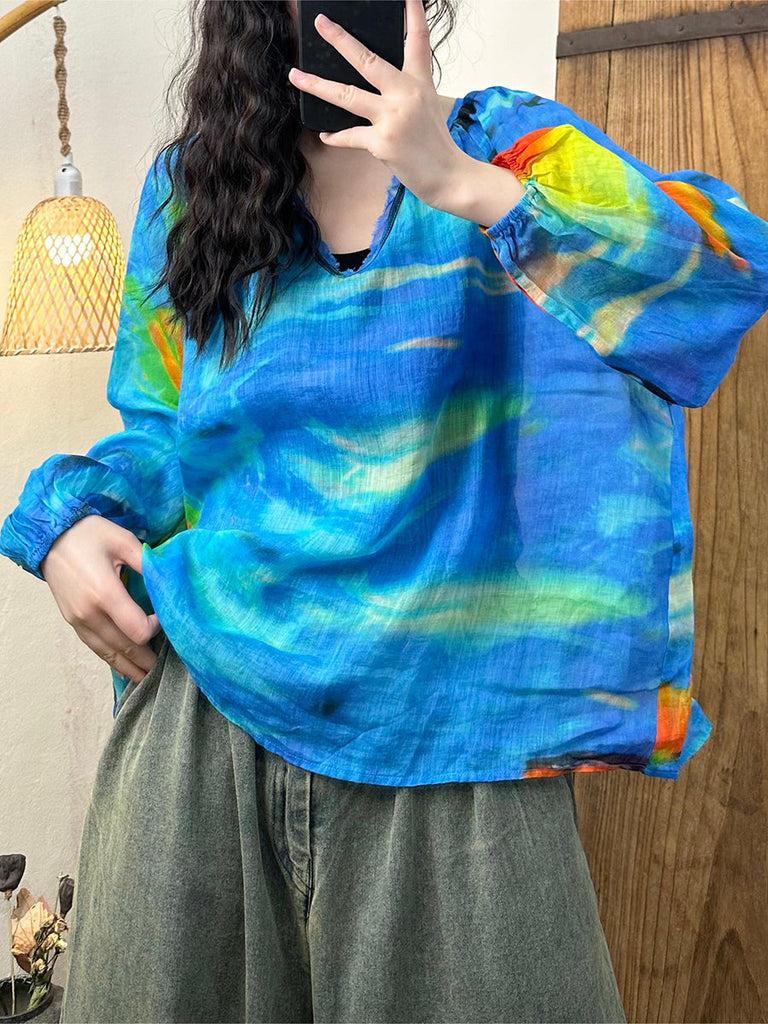 Women Summer Artsy Tie-dye Lantern Sleeve Ramie Shirt IO1002 Ada Fashion