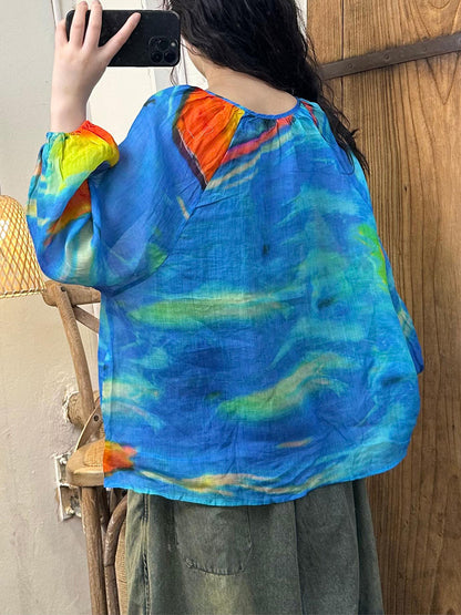 Women Summer Artsy Tie-dye Lantern Sleeve Ramie Shirt IO1002 Ada Fashion