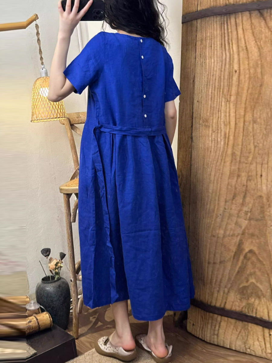 Women Summer Casual Bamboo Embroidery Strap Linen Dress IO1001 Ada Fashion