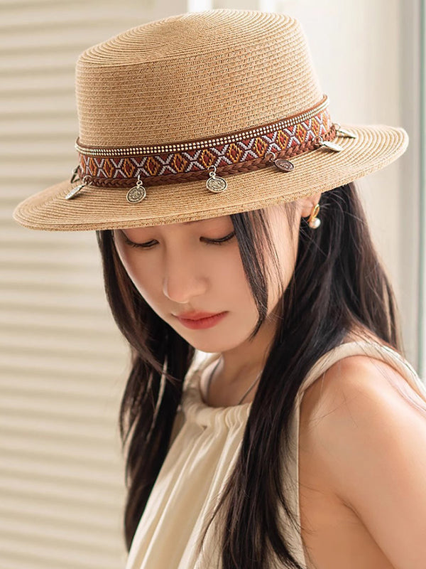 Women Summer Ethnic Straw Flat Top Travel Hat IO1026 Ada Fashion