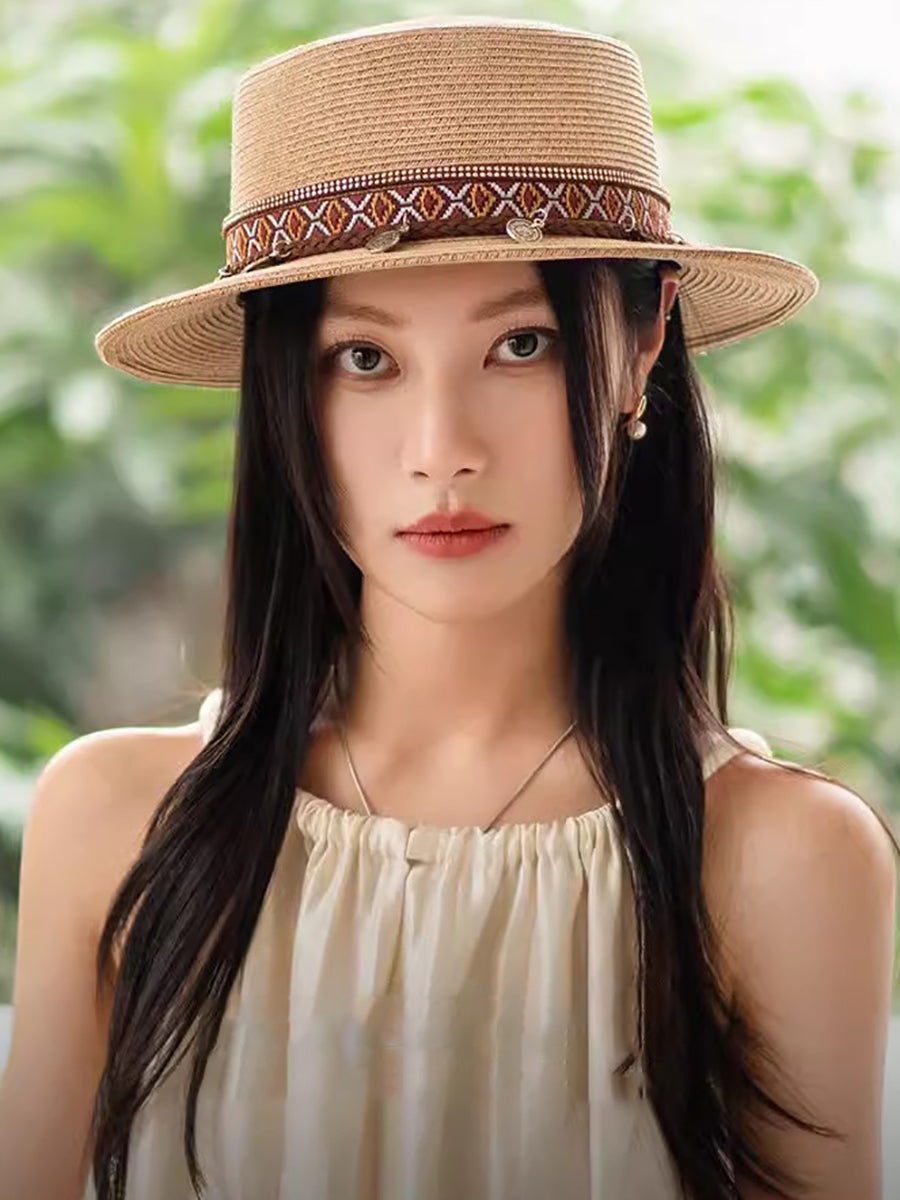 Women Summer Ethnic Straw Flat Top Travel Hat IO1026 Ada Fashion