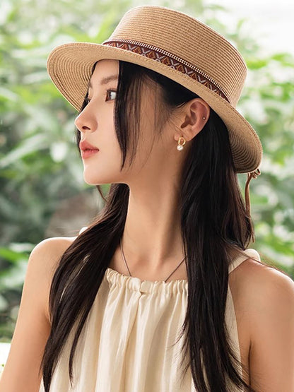 Women Summer Ethnic Straw Flat Top Travel Hat IO1026 Ada Fashion