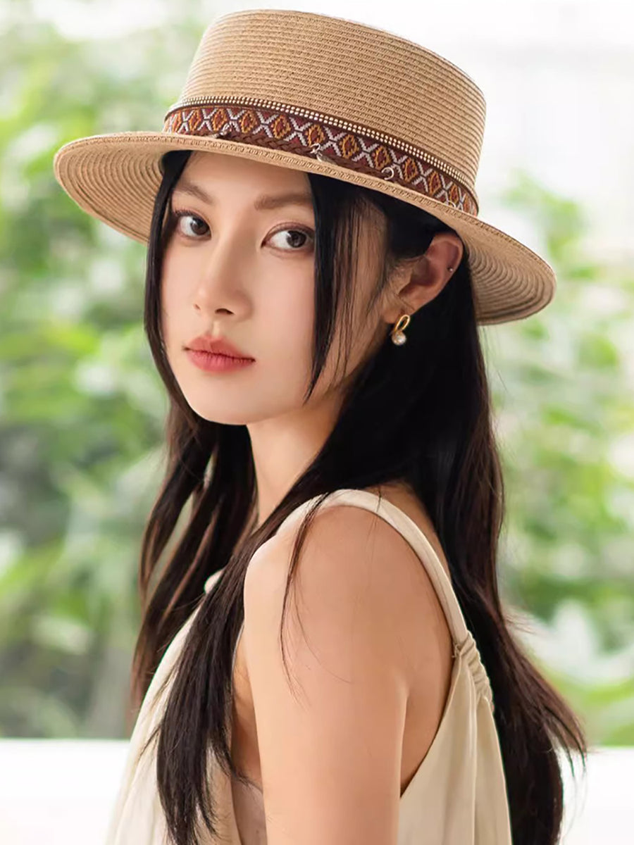 Women Summer Ethnic Straw Flat Top Travel Hat IO1026 Ada Fashion