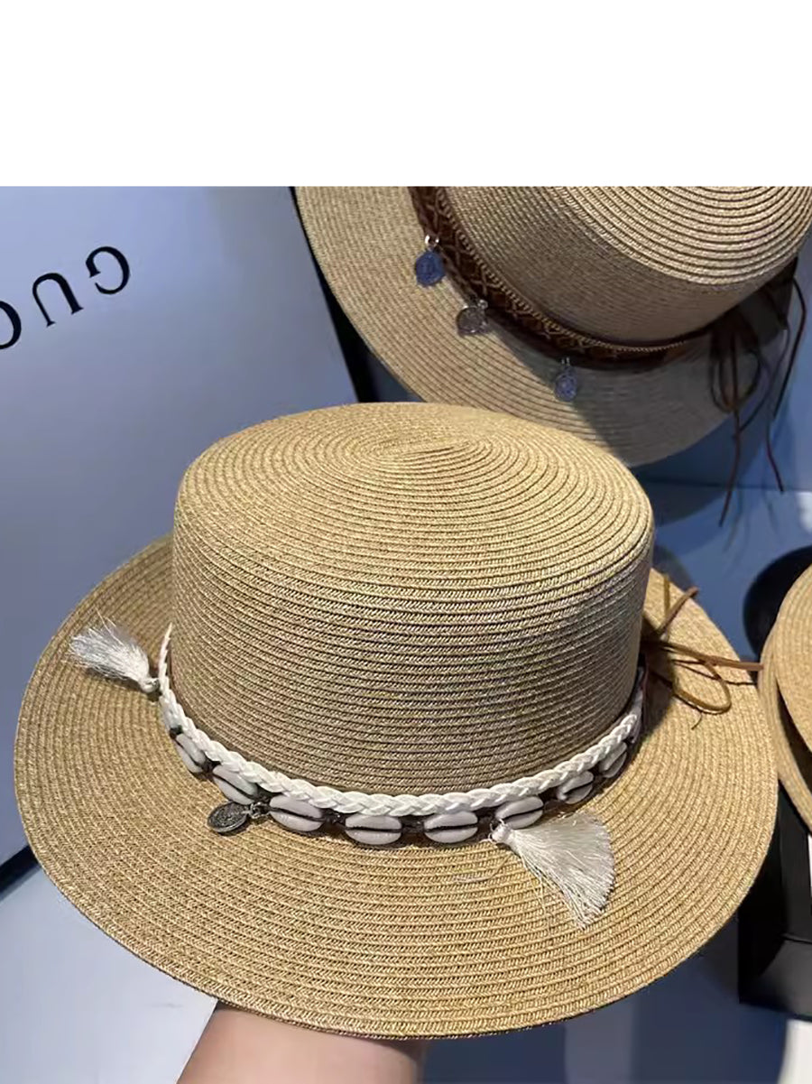 Women Summer Ethnic Straw Flat Top Travel Hat IO1026 Ada Fashion