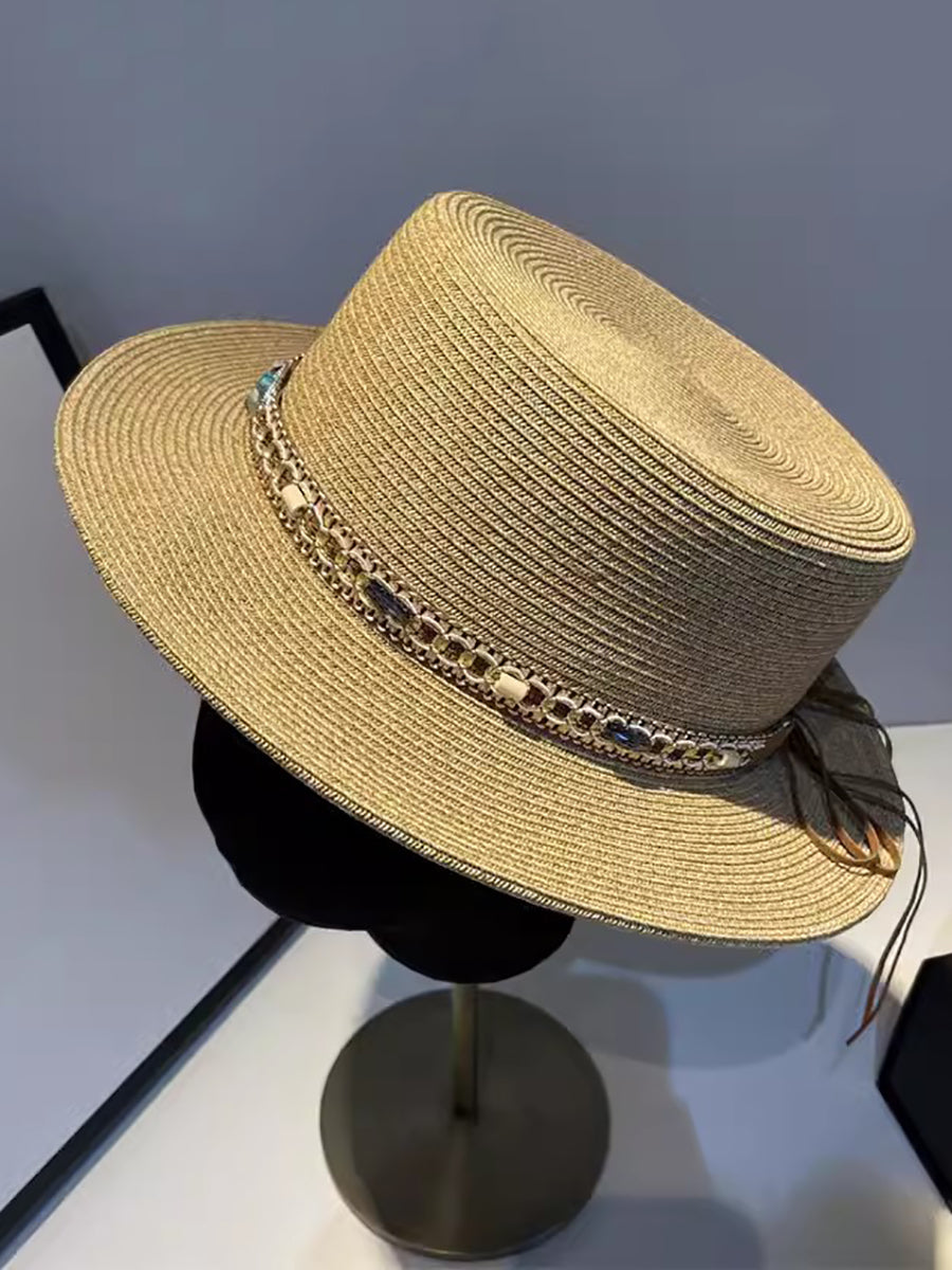 Women Summer Ethnic Straw Flat Top Travel Hat IO1026 Ada Fashion