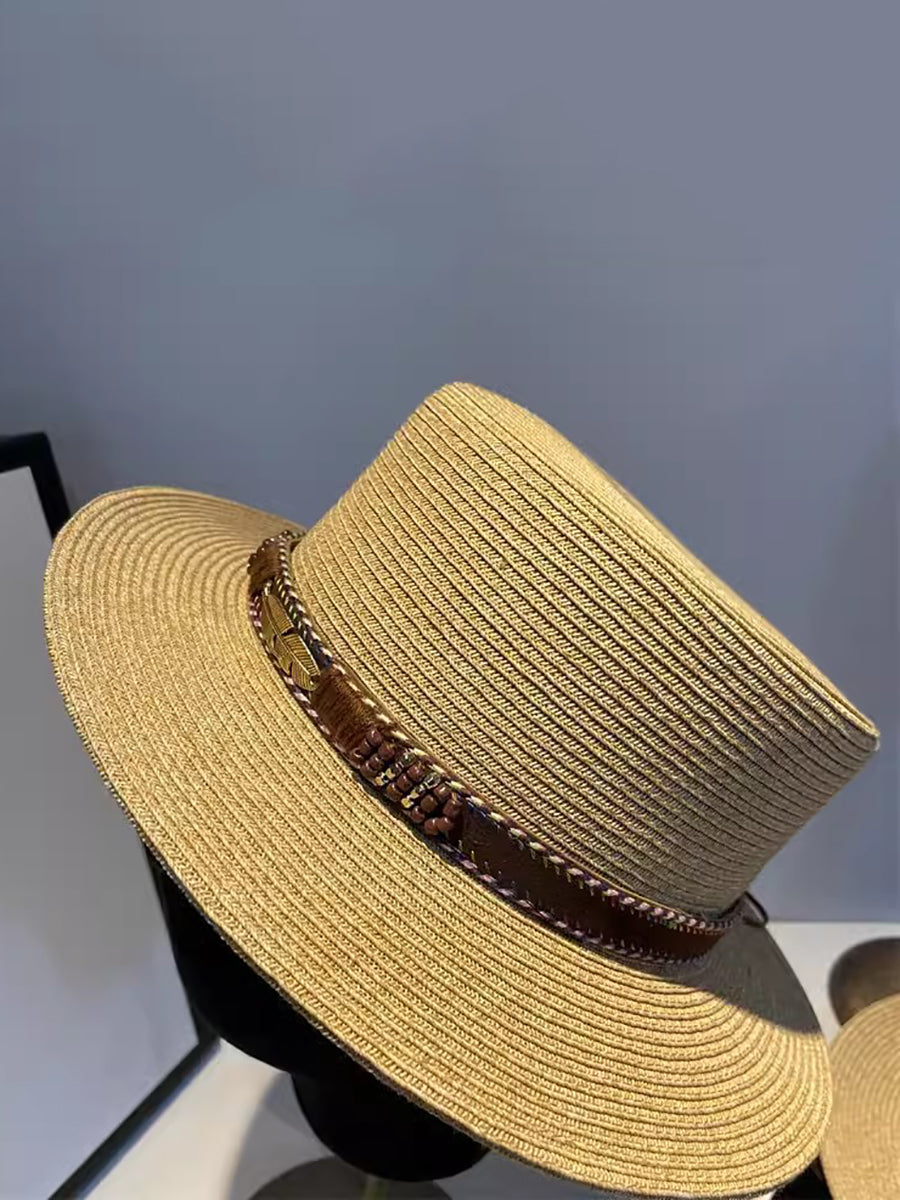 Women Summer Ethnic Straw Flat Top Travel Hat IO1026 Ada Fashion