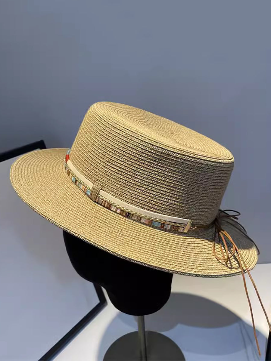 Women Summer Ethnic Straw Flat Top Travel Hat IO1026 Ada Fashion