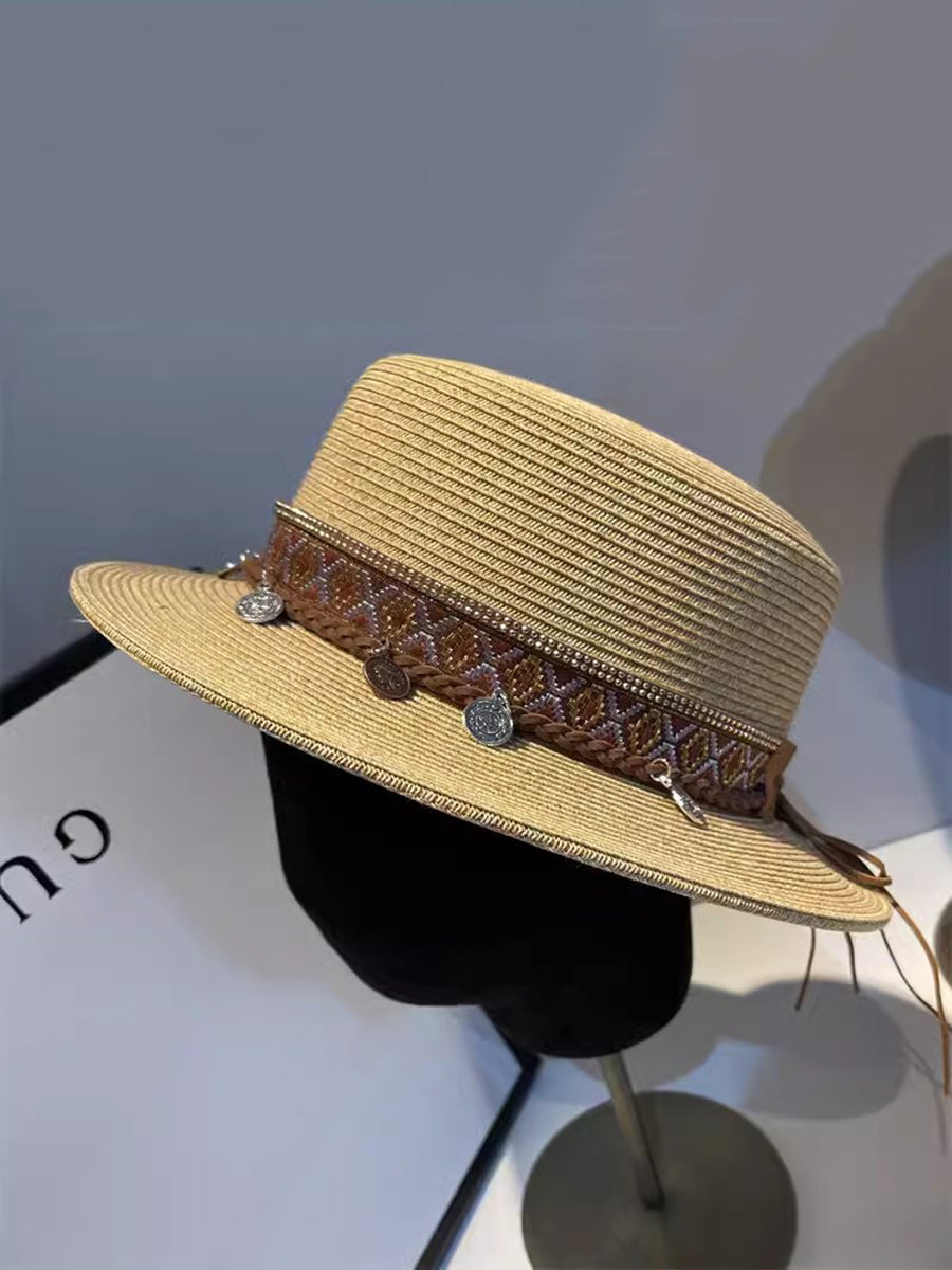 Women Summer Ethnic Straw Flat Top Travel Hat IO1026 Ada Fashion