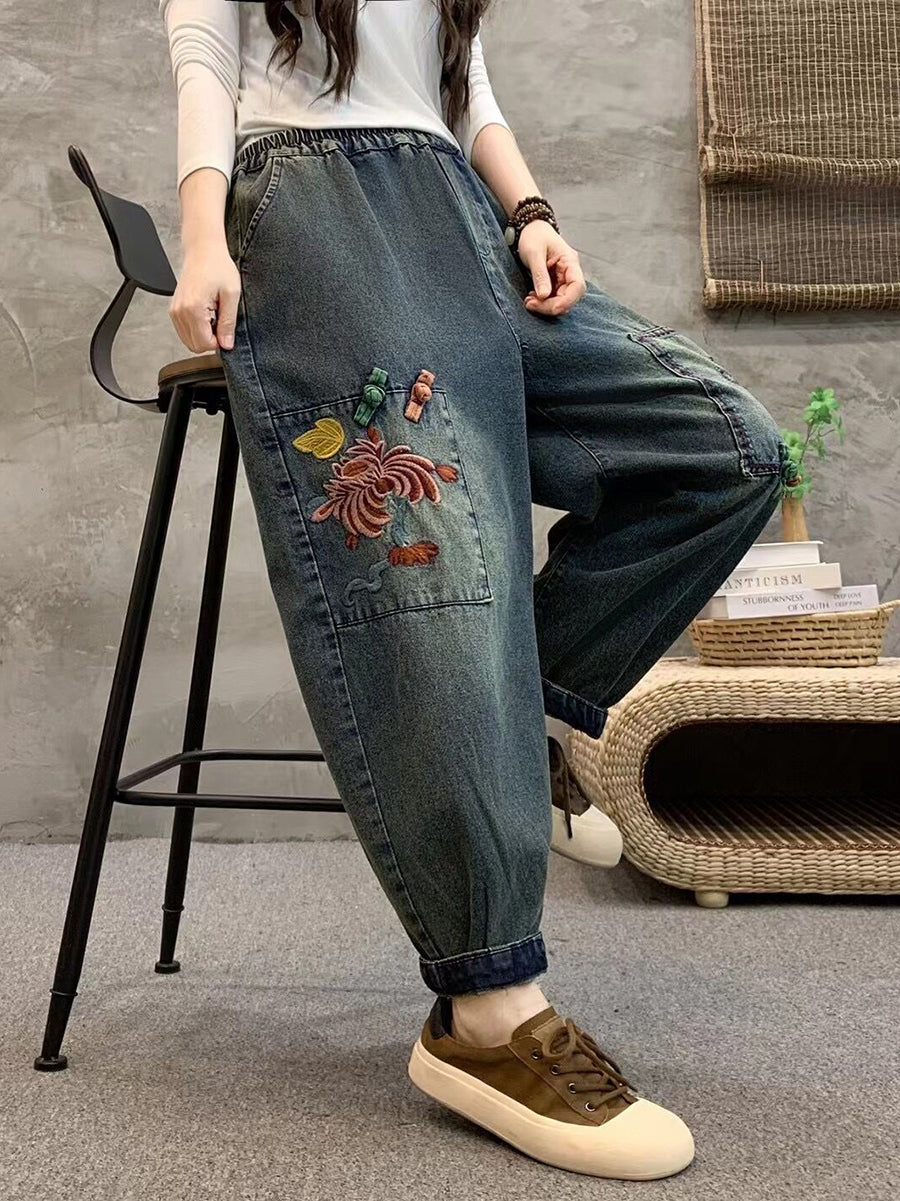 Women Summer Retro Flower Embroidery Denim Harem Pants IO1021 Ada Fashion