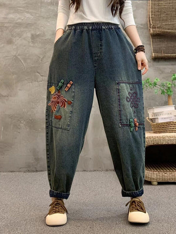 Women Summer Retro Flower Embroidery Denim Harem Pants IO1021 Ada Fashion