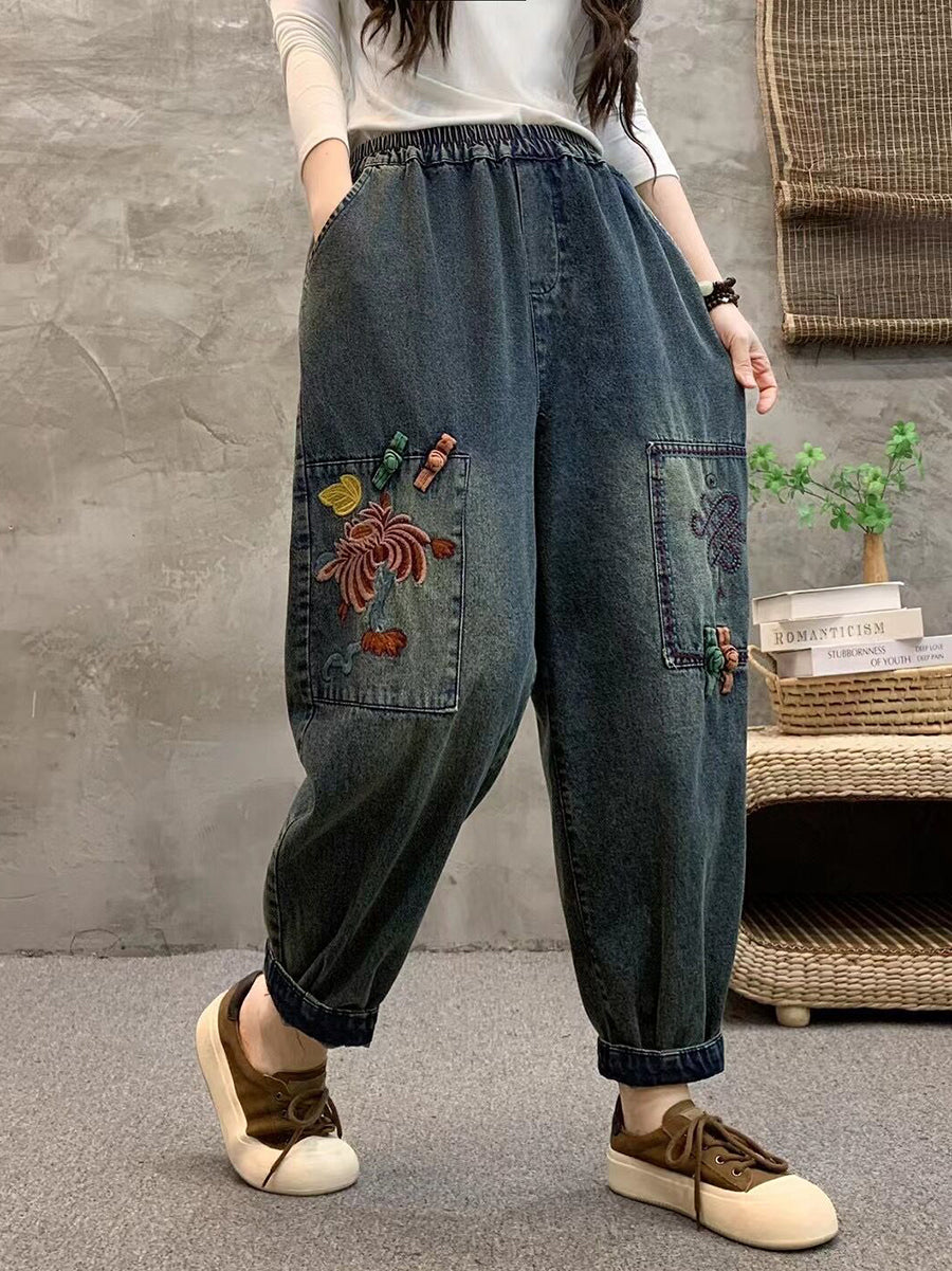 Women Summer Retro Flower Embroidery Denim Harem Pants IO1021 Ada Fashion