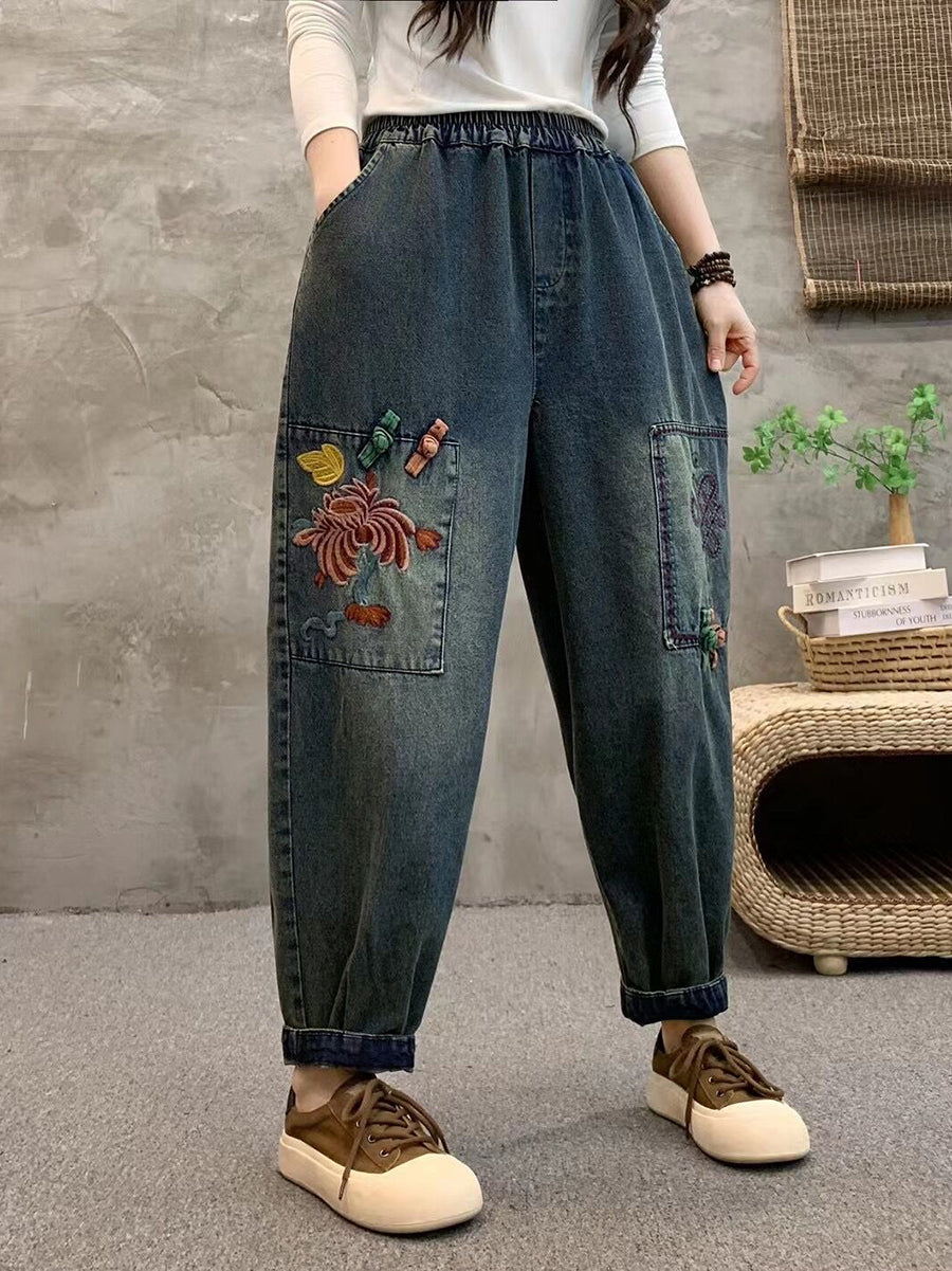 Women Summer Retro Flower Embroidery Denim Harem Pants IO1021 Ada Fashion