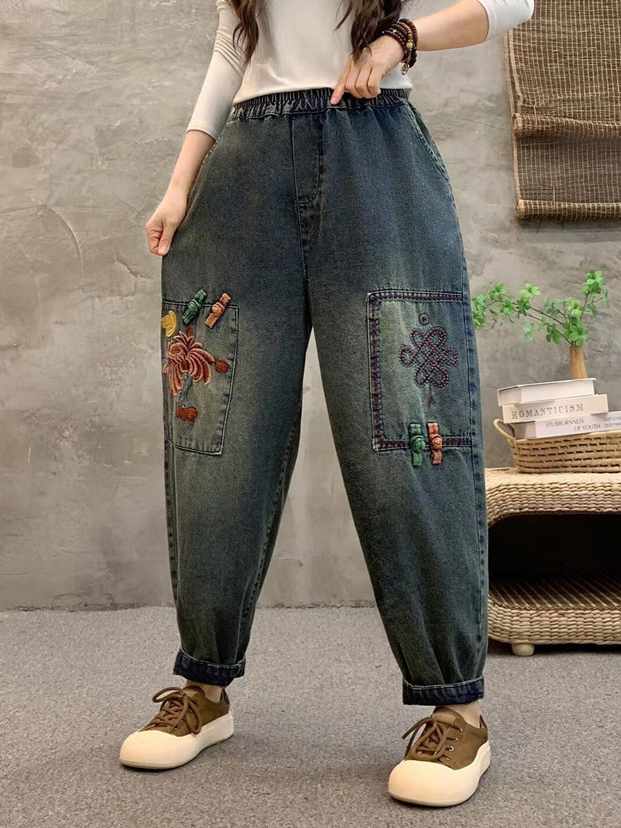 Women Summer Retro Flower Embroidery Denim Harem Pants IO1021 Ada Fashion