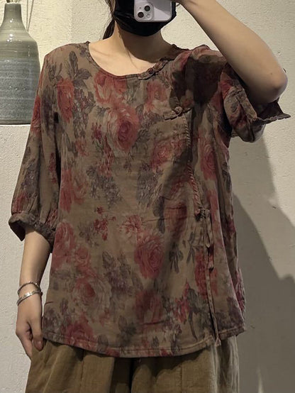 Women Summer Vintage Floral Strap Cotton Shirt IO1019 Ada Fashion