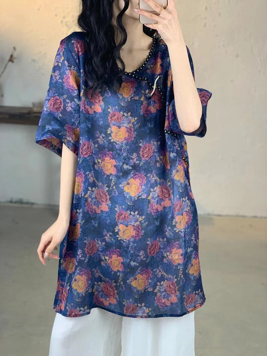 Women Summer Vintage Flower V-Neck Long Ramie Shirt IO1017 Ada Fashion