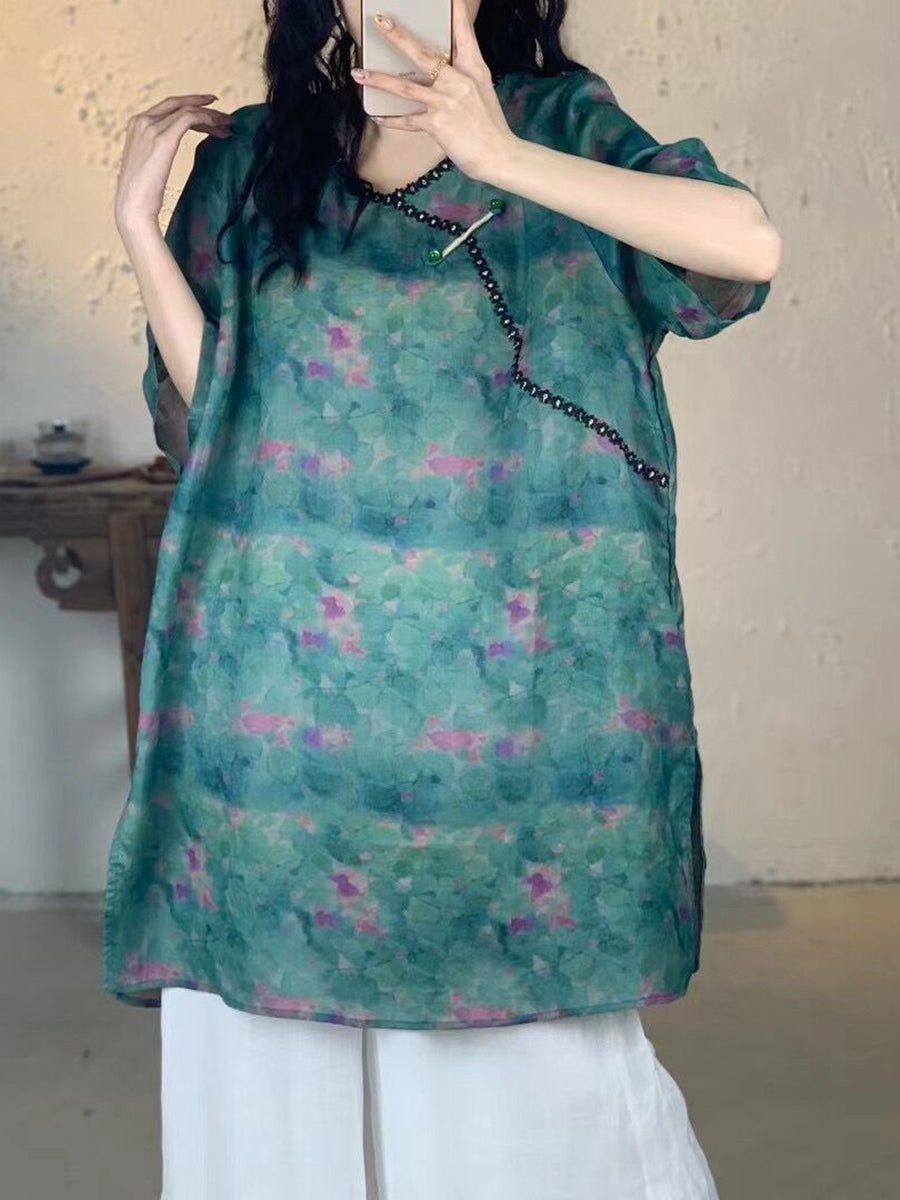 Women Summer Vintage Flower V-Neck Long Ramie Shirt IO1017 Ada Fashion