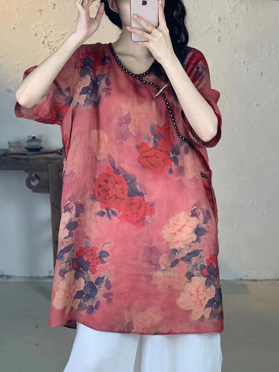 Women Summer Vintage Flower V-Neck Long Ramie Shirt IO1017 Ada Fashion