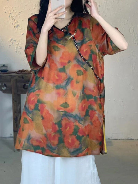 Women Summer Vintage Flower V-Neck Long Ramie Shirt IO1017 Ada Fashion