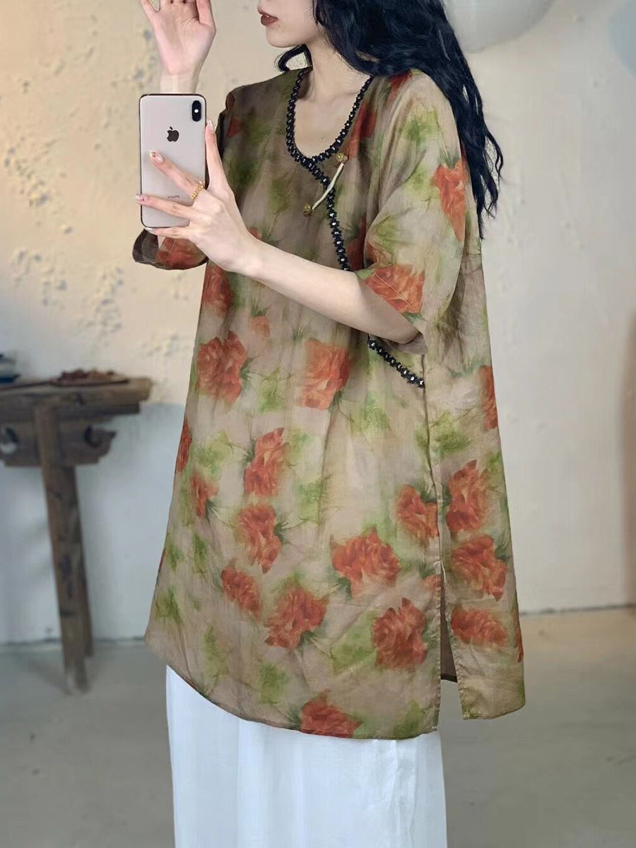 Women Summer Vintage Flower V-Neck Long Ramie Shirt IO1017 Ada Fashion