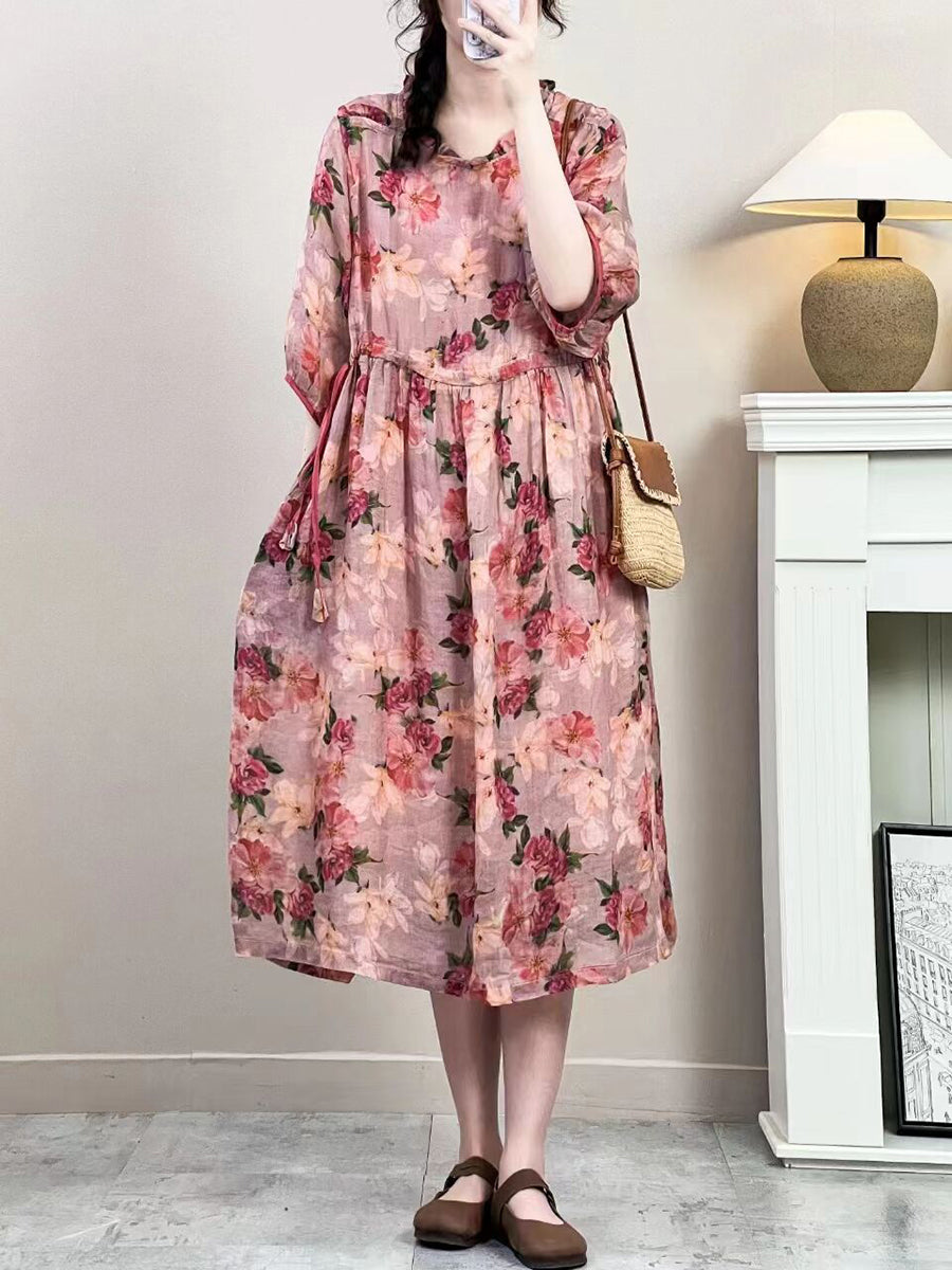 Women Summer Vintage Floral Strap Ramie Dress IO1016 Ada Fashion