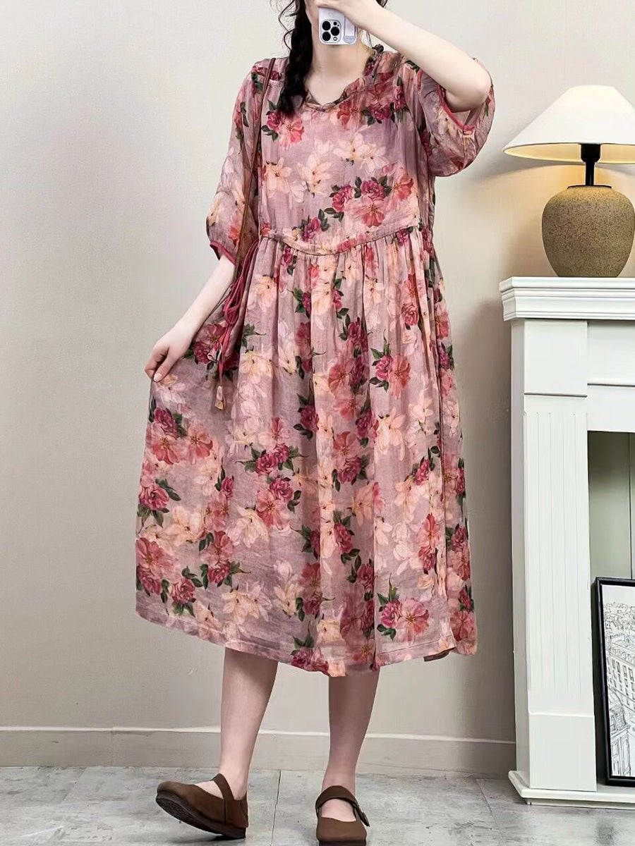 Women Summer Vintage Floral Strap Ramie Dress IO1016 Ada Fashion