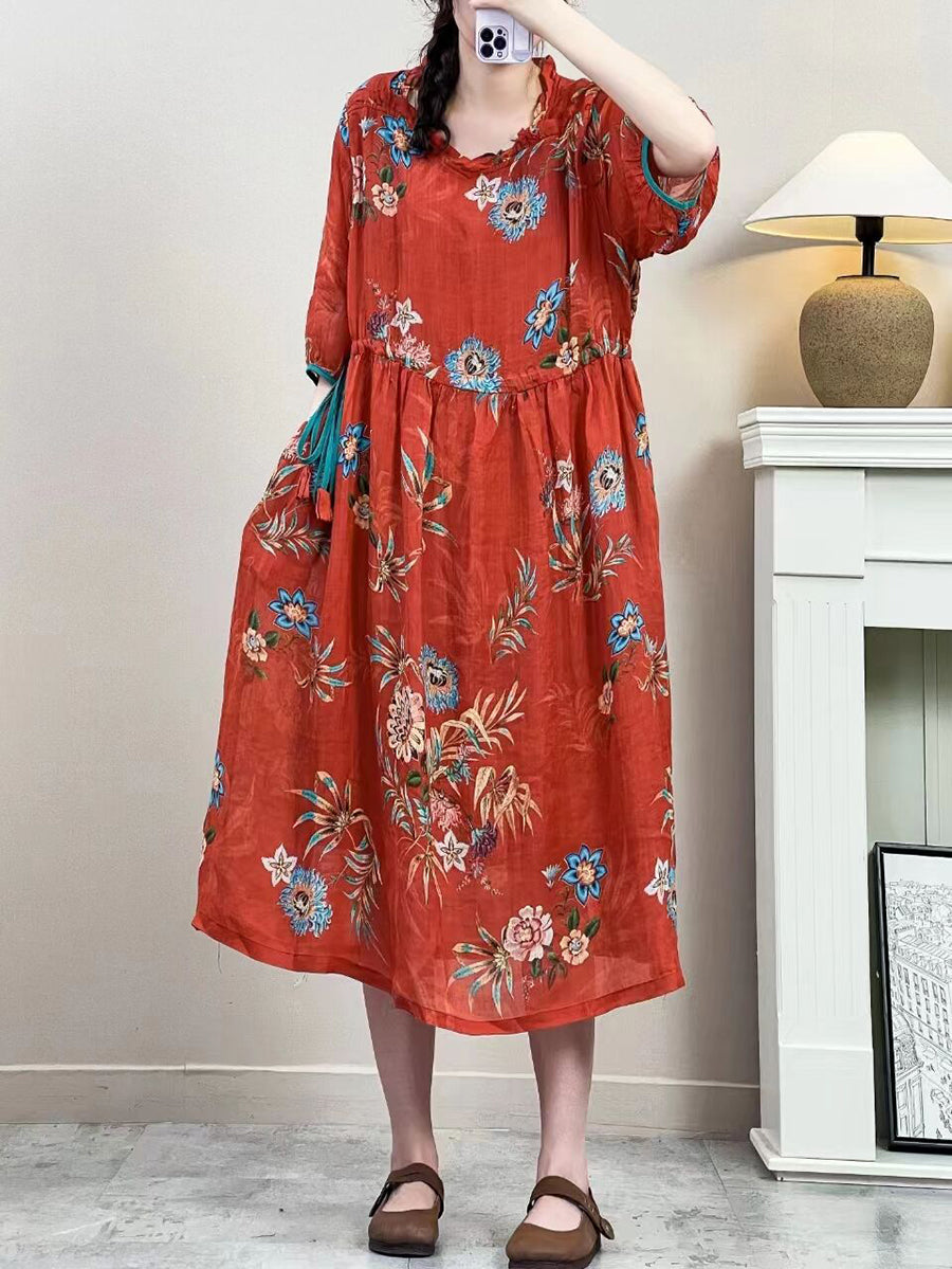 Women Summer Vintage Floral Strap Ramie Dress IO1016 Ada Fashion