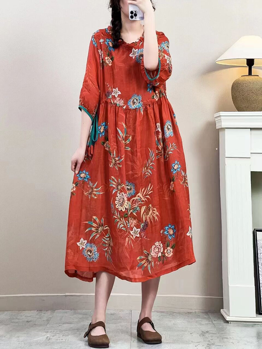 Women Summer Vintage Floral Strap Ramie Dress IO1016 Ada Fashion