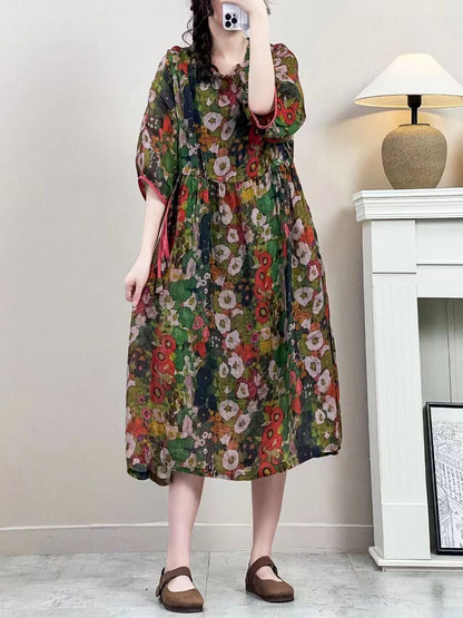 Women Summer Vintage Floral Strap Ramie Dress IO1016 Ada Fashion