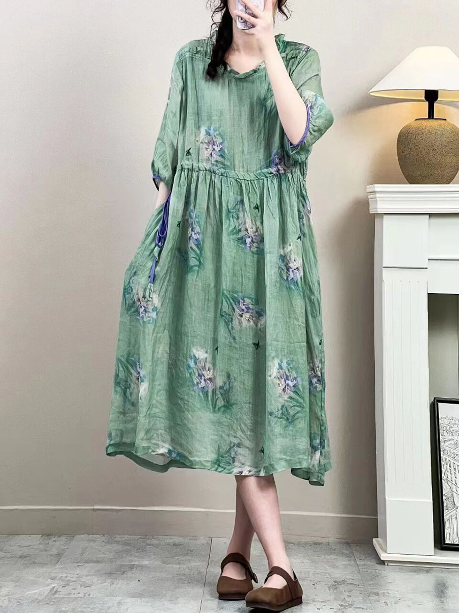 Women Summer Vintage Floral Strap Ramie Dress IO1016 Ada Fashion