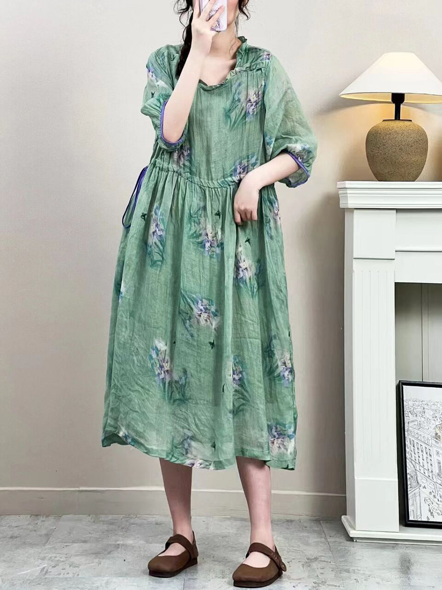 Women Summer Vintage Floral Strap Ramie Dress IO1016 Ada Fashion