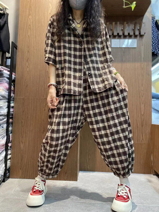 Plus Size Women Vintage Plaid 100%Cotton Summer Suits IO1032 Ada Fashion