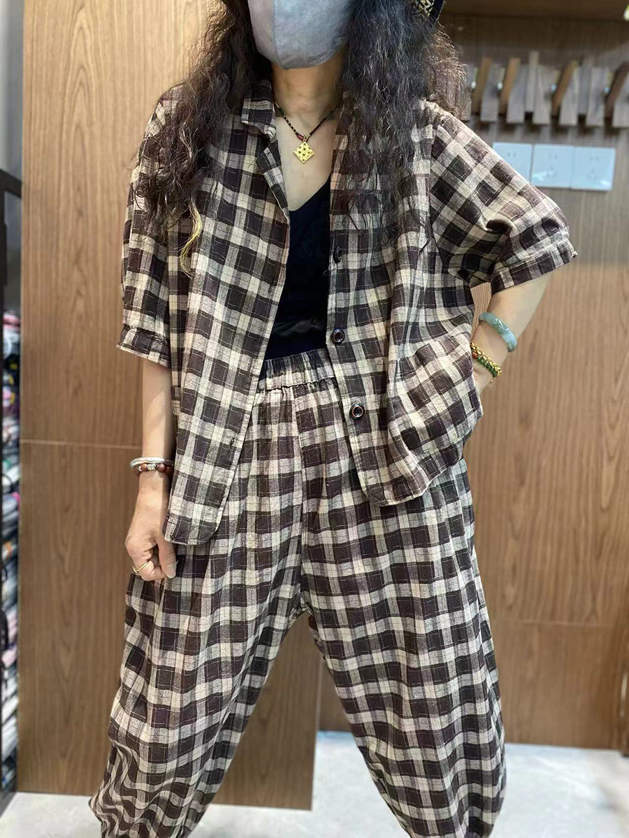 Plus Size Women Vintage Plaid 100%Cotton Summer Suits IO1032 Ada Fashion