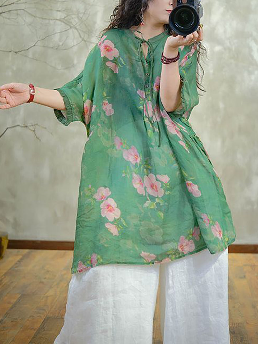 Plus Size Women Vintage 100%Ramie Flower Starp Shirt IO1031 Ada Fashion