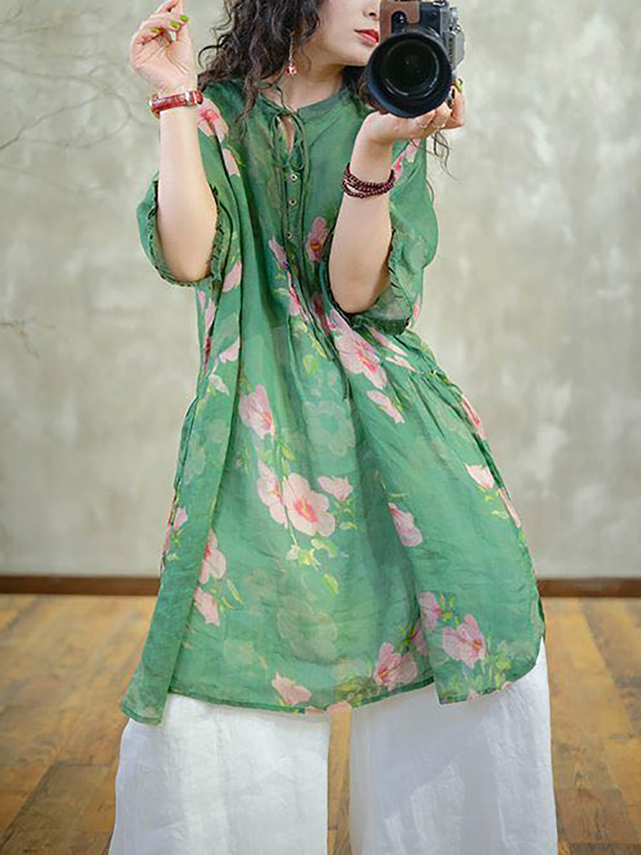 Plus Size Women Vintage 100%Ramie Flower Starp Shirt IO1031 Ada Fashion