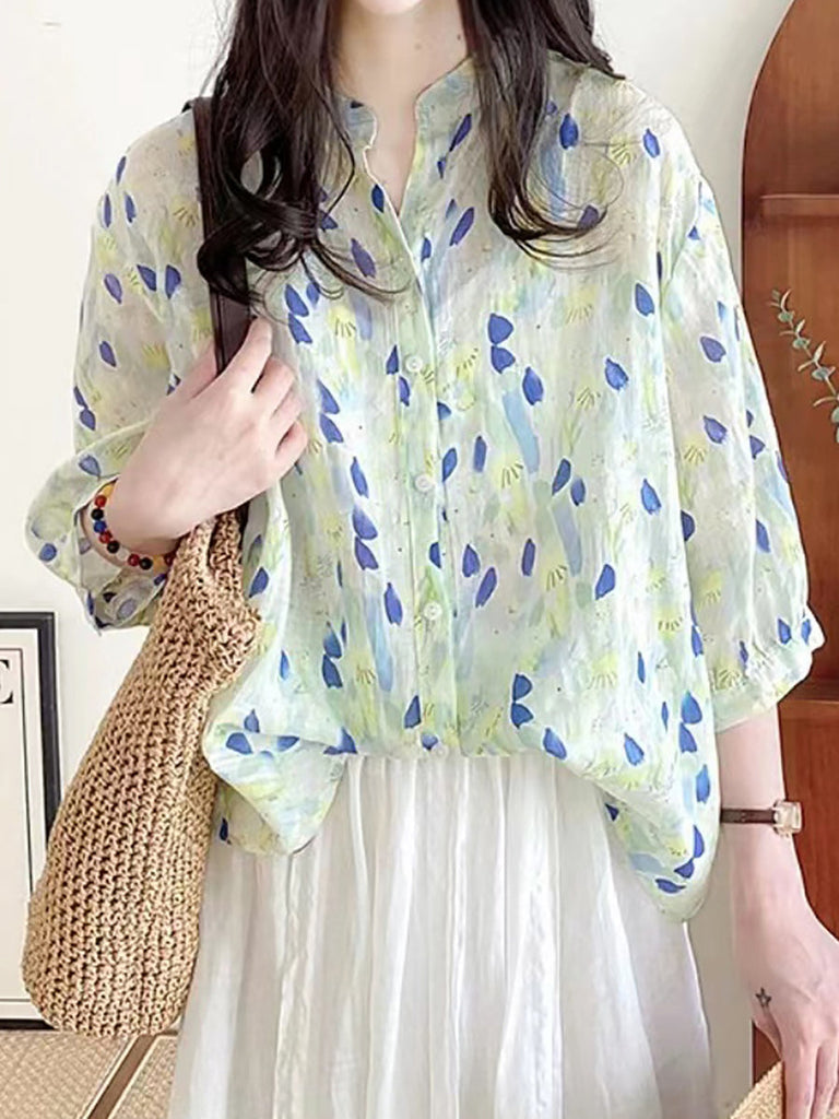 Women Summer Artsy Floral Ramie Loose Shirt AS1028 Ada Fashion