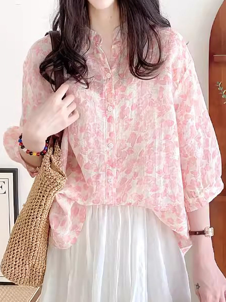 Women Summer Artsy Floral Ramie Loose Shirt AS1028 Ada Fashion