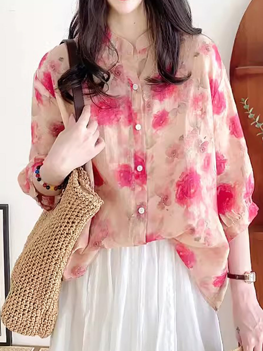 Women Summer Artsy Floral Ramie Loose Shirt AS1028 Ada Fashion