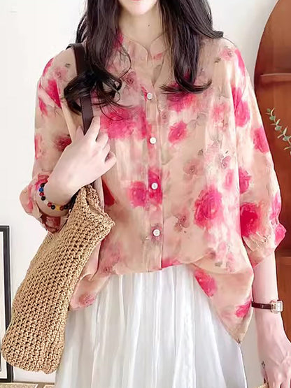 Women Summer Artsy Floral Ramie Loose Shirt AS1028 Ada Fashion
