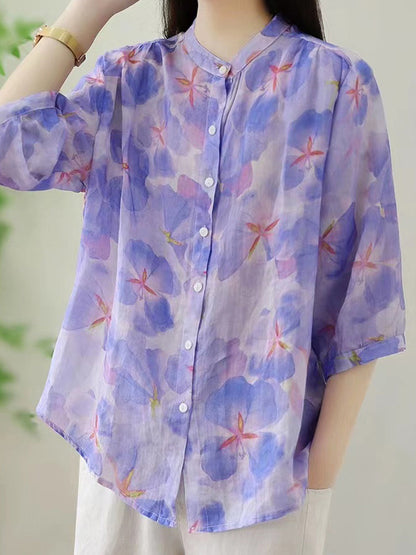 Women Summer Artsy Floral Ramie Loose Shirt AS1028 Ada Fashion