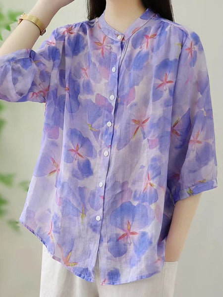Women Summer Artsy Floral Ramie Loose Shirt AS1028 Ada Fashion