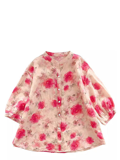 Women Summer Artsy Floral Ramie Loose Shirt AS1028 Ada Fashion