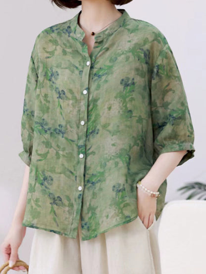 Women Summer Artsy Floral Ramie Loose Shirt AS1028 Ada Fashion